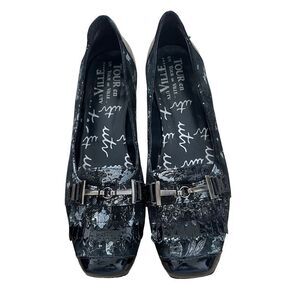UTV Un Tour en Ville Black Silver Floral Pattern Fringe Buckle Square Toe Shoes